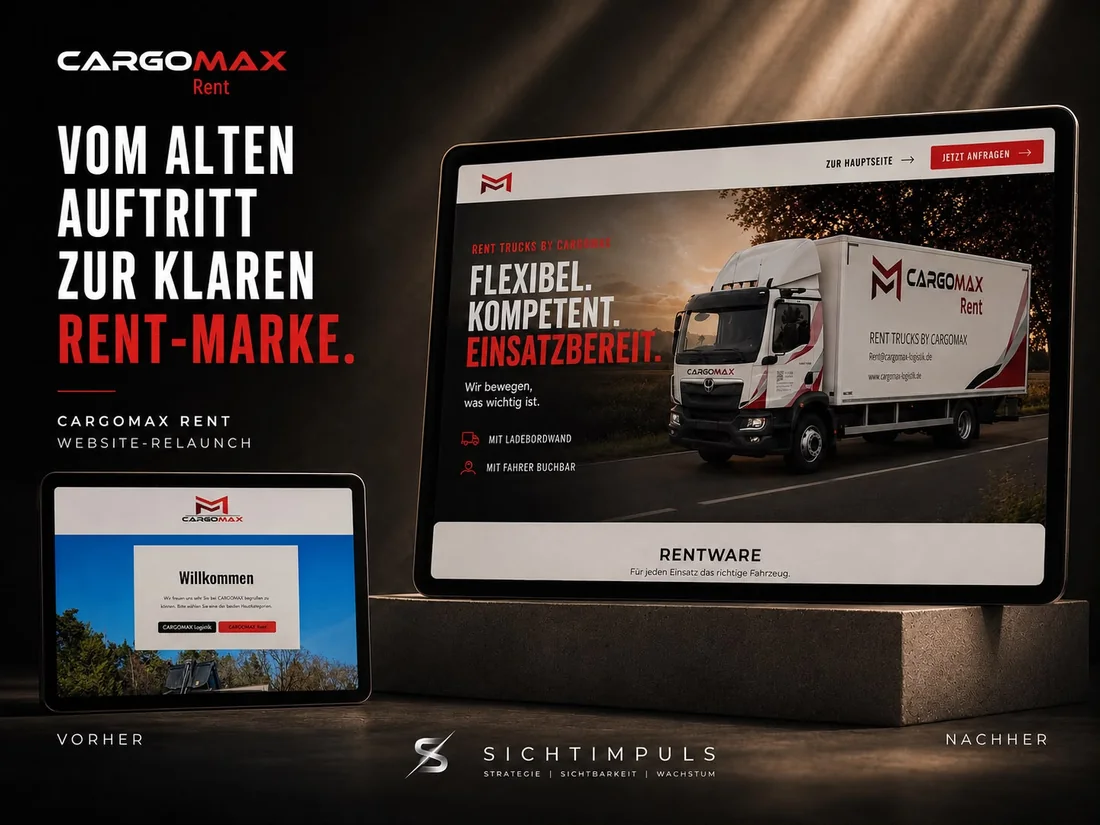 CargoMax Rent Website-Relaunch: der alte Auftritt auf dem Tablet im Vergleich zum neuen Auftritt auf dem Laptop