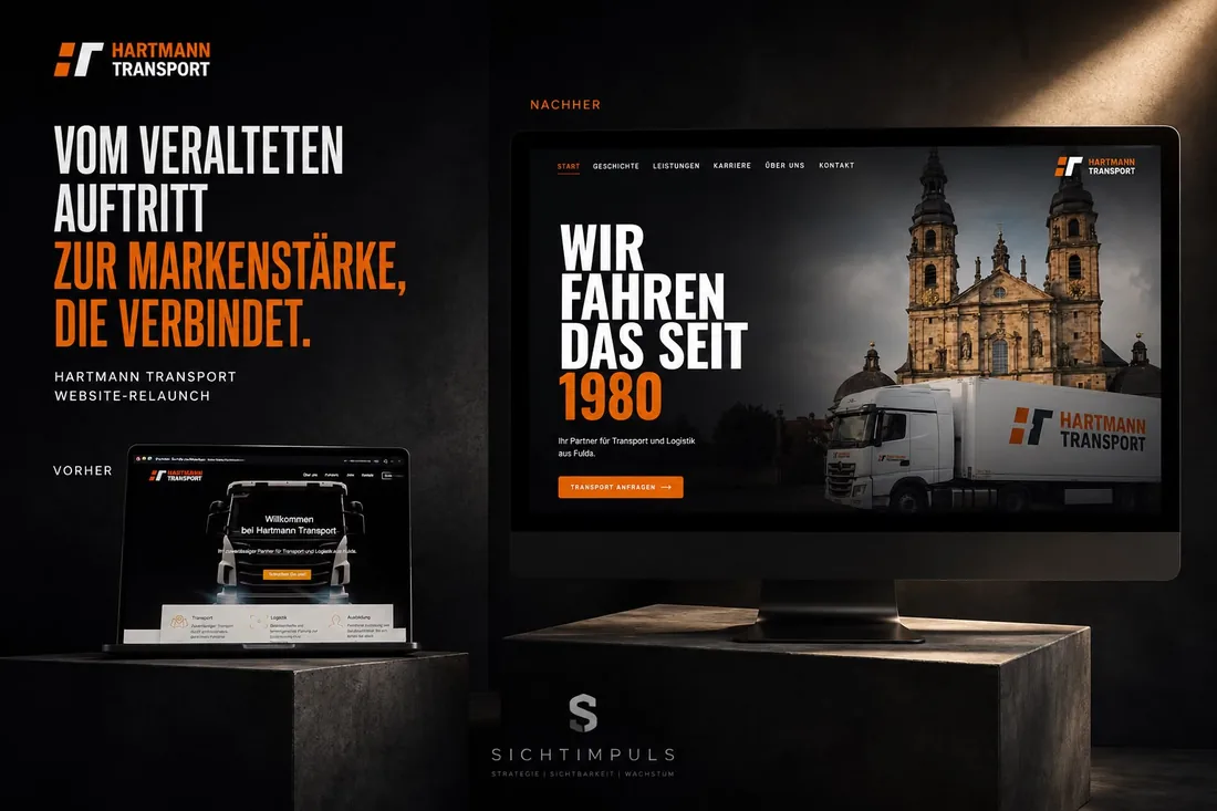 Hartmann Transport Website-Relaunch: der alte Auftritt auf dem Laptop im Vergleich zum neuen Auftritt auf dem Monitor